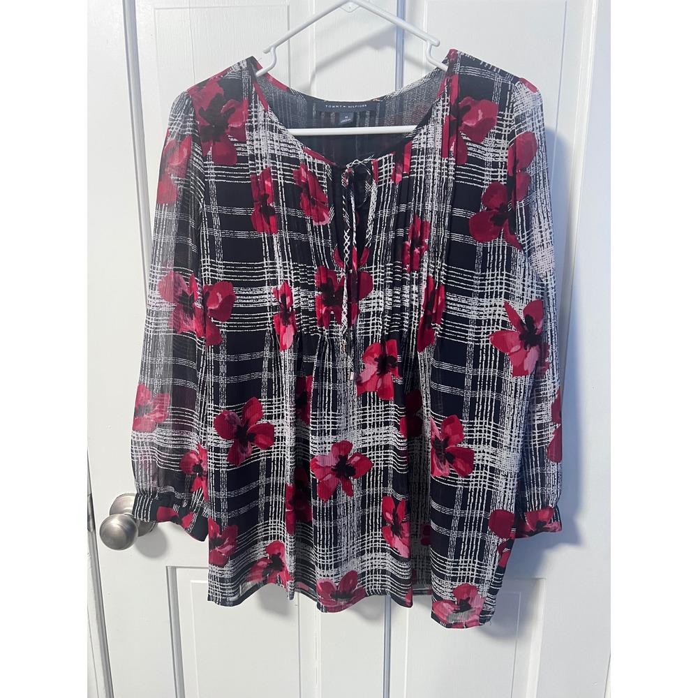 Tommy Hilfiger Blouse Womens M Red Black Floral Plaid Exc - Picture 2 of 7